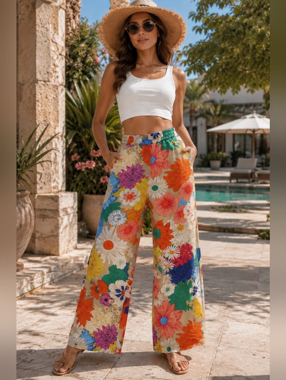 Wide Leg Floral Print Pants in Multicolor